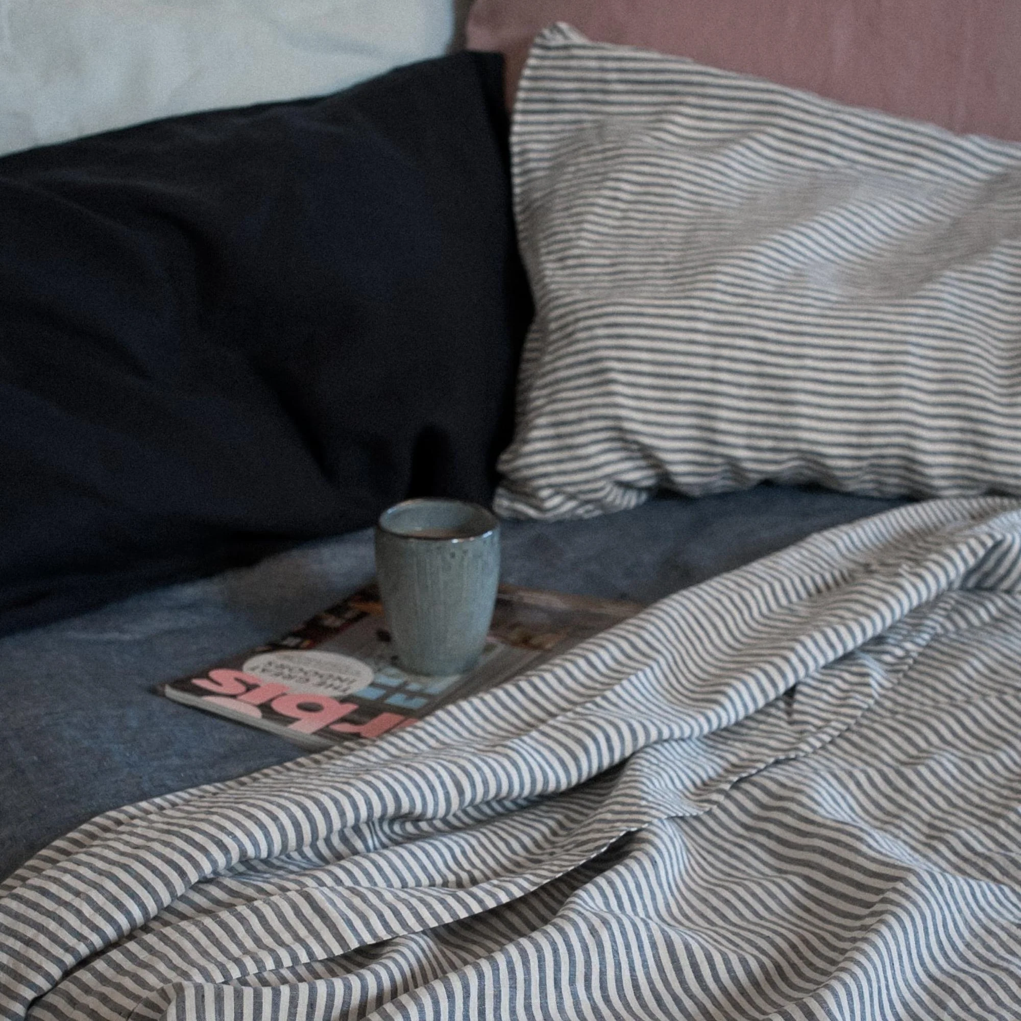 Navy Blue Stripes Linen Sheets Set - Image 10