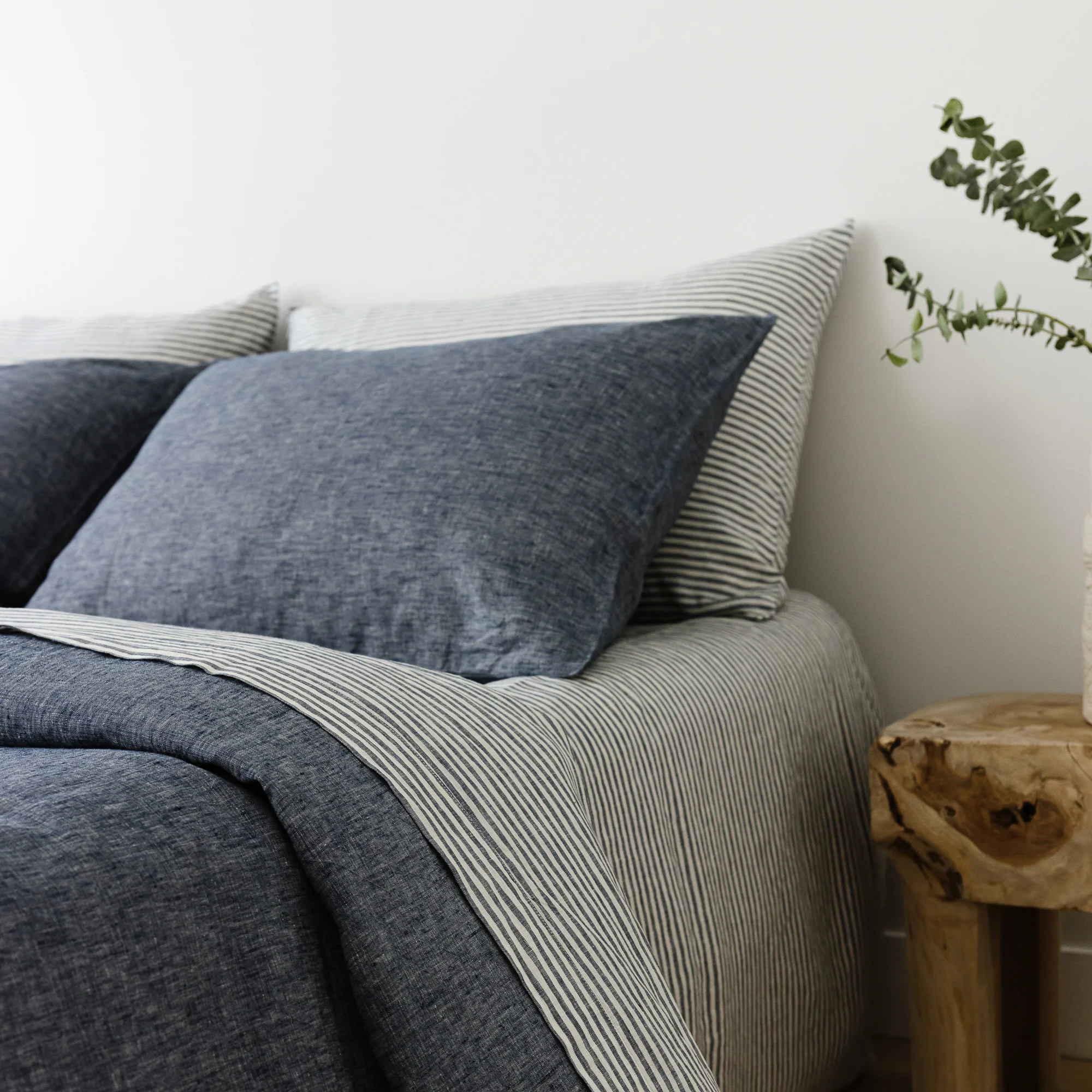 Navy Blue Stripes Linen Sheets Set - Image 6