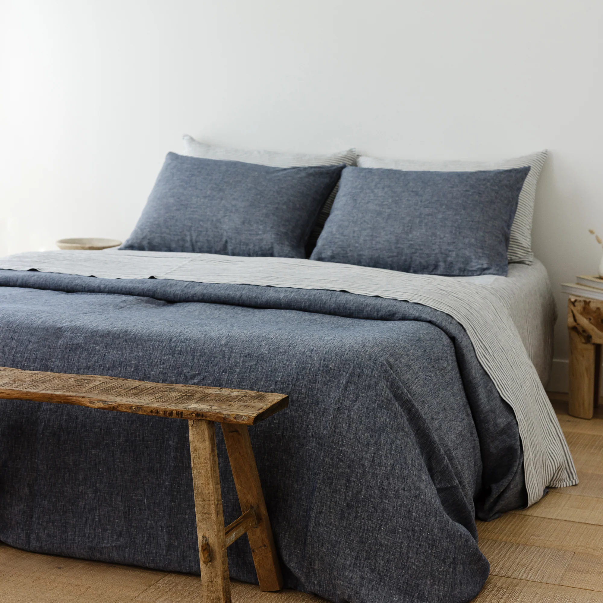 Navy Blue Stripes Linen Sheets Set - Image 8